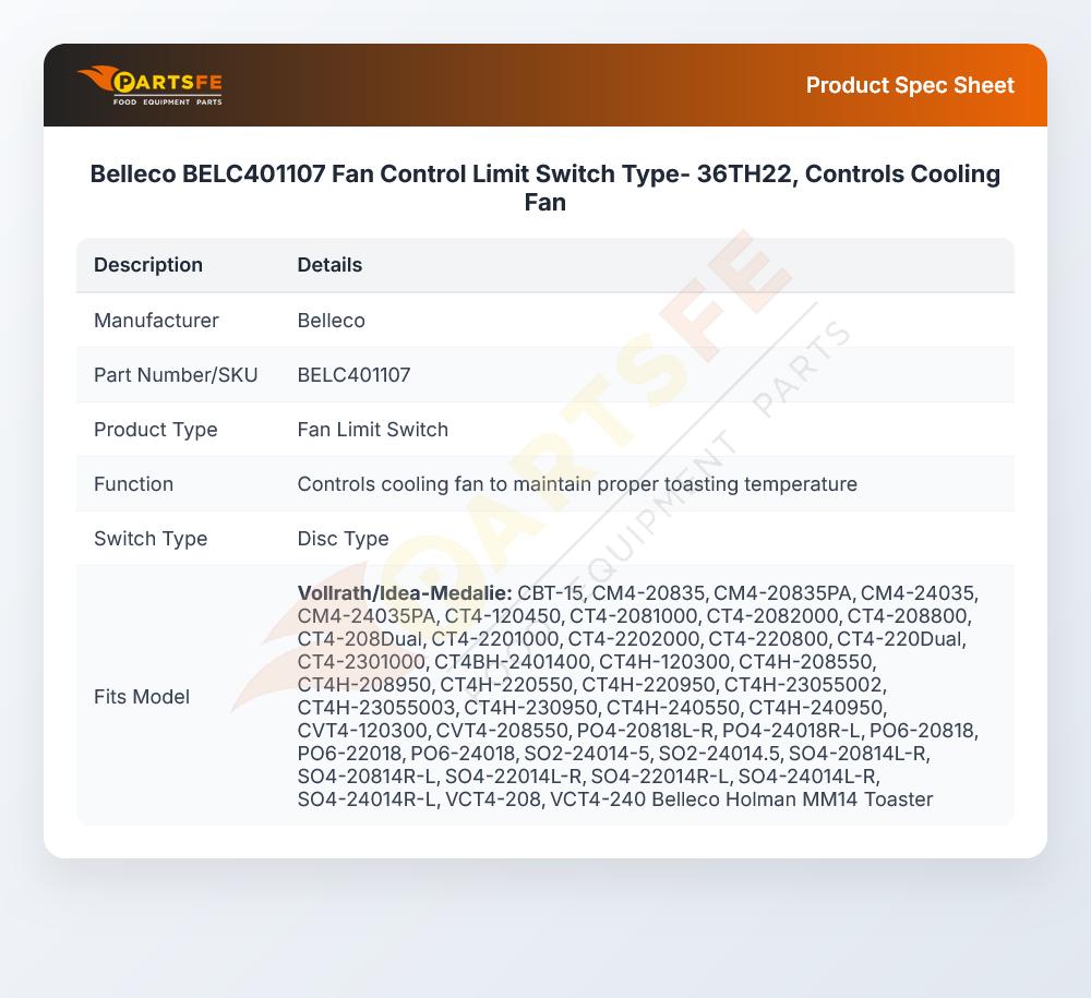 Belleco BELC401107 Fan Control Limit Switch Type- 36TH22, Controls Cooling Fan