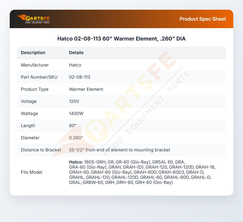 Hatco 02-08-113 60" Warmer Element, .260" DIA