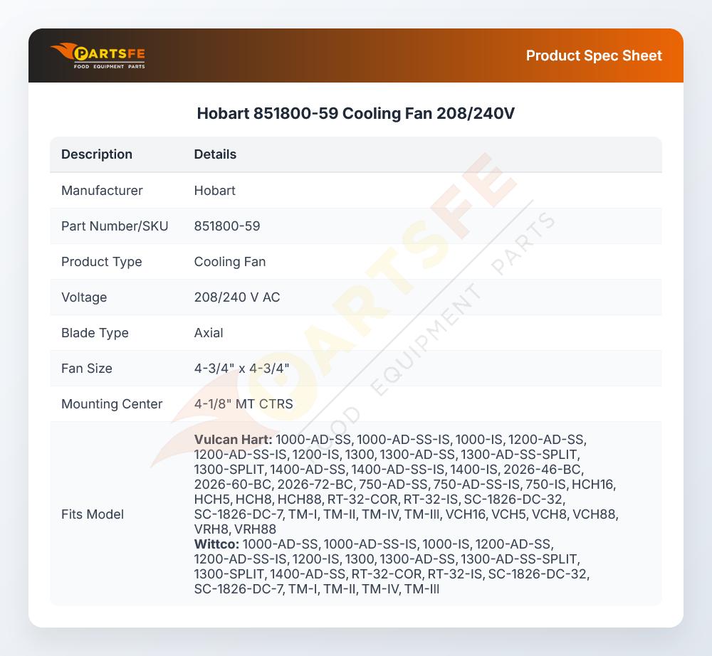 Hobart 851800-59 Holding Cabinet Cooling Fan 208/240V