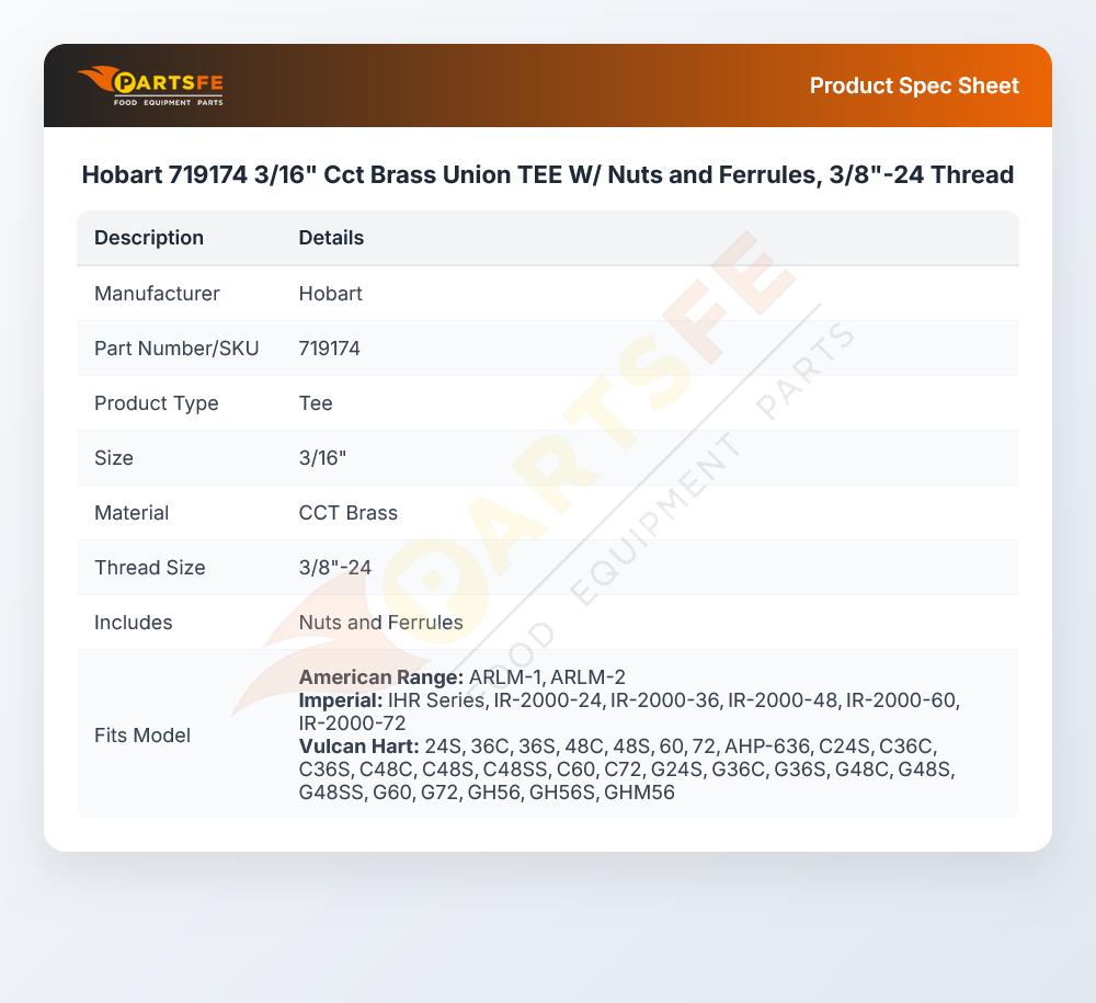 Hobart 719174 3/16" Cct Brass Union TEE W/ Nuts and Ferrules, 3/8"-24 Thread