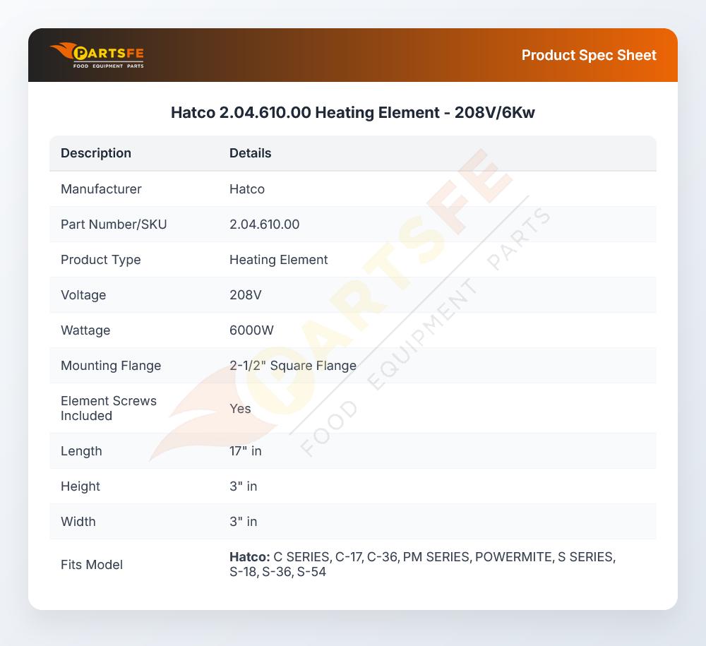 Hatco 2.04.610.00 Heating Element  - 208V/6Kw
