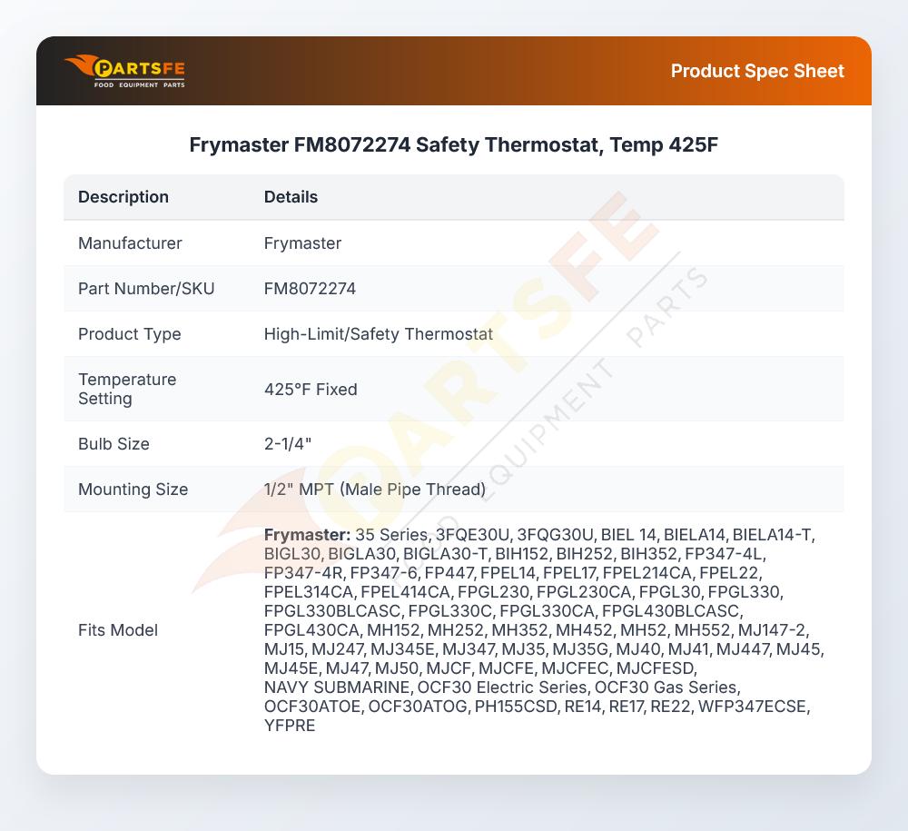 Frymaster FM8072274 Fryer High-Limit/Safety Thermostat Kit 425&deg;F 2-1/4" Bulb 1/2" MPT
