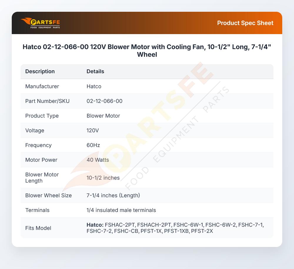 Hatco 02-12-066-00 120V Blower Motor with Cooling Fan, 10-1/2" Long, 7-1/4" Wheel