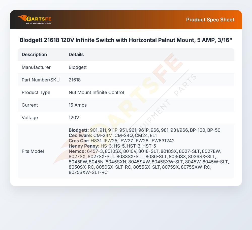 Blodgett 21618 Infinite Switch W/Horizontal Palnut Mount 5 AMP 3/16" 120V