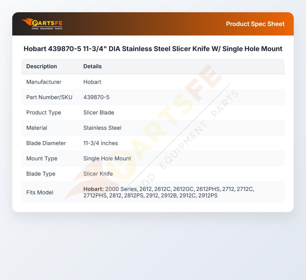Hobart 439870-5 Knife W/Single Hole Mount 11-3/4" DIA S/S 1000 2000