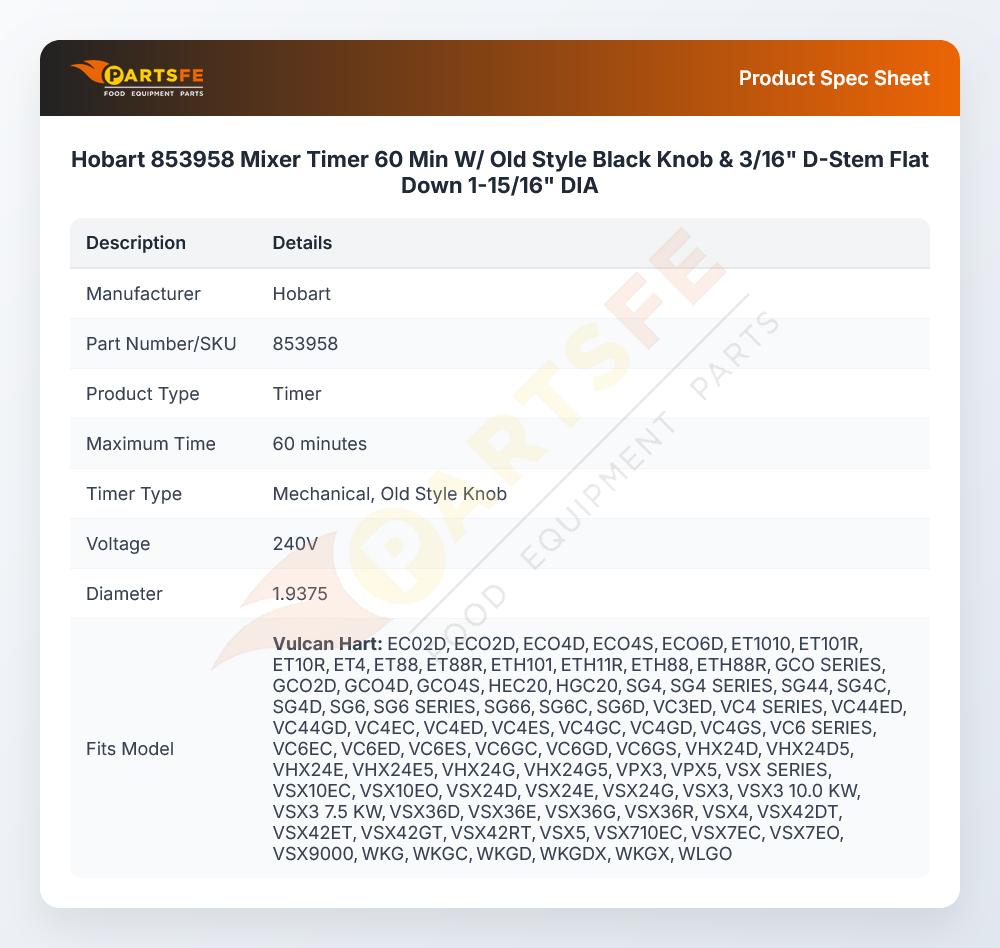 Hobart 853958 Mixer Timer 60 Min W/ Old Style Black Knob & 3/16" D-Stem Flat Down 1-15/16" DIA