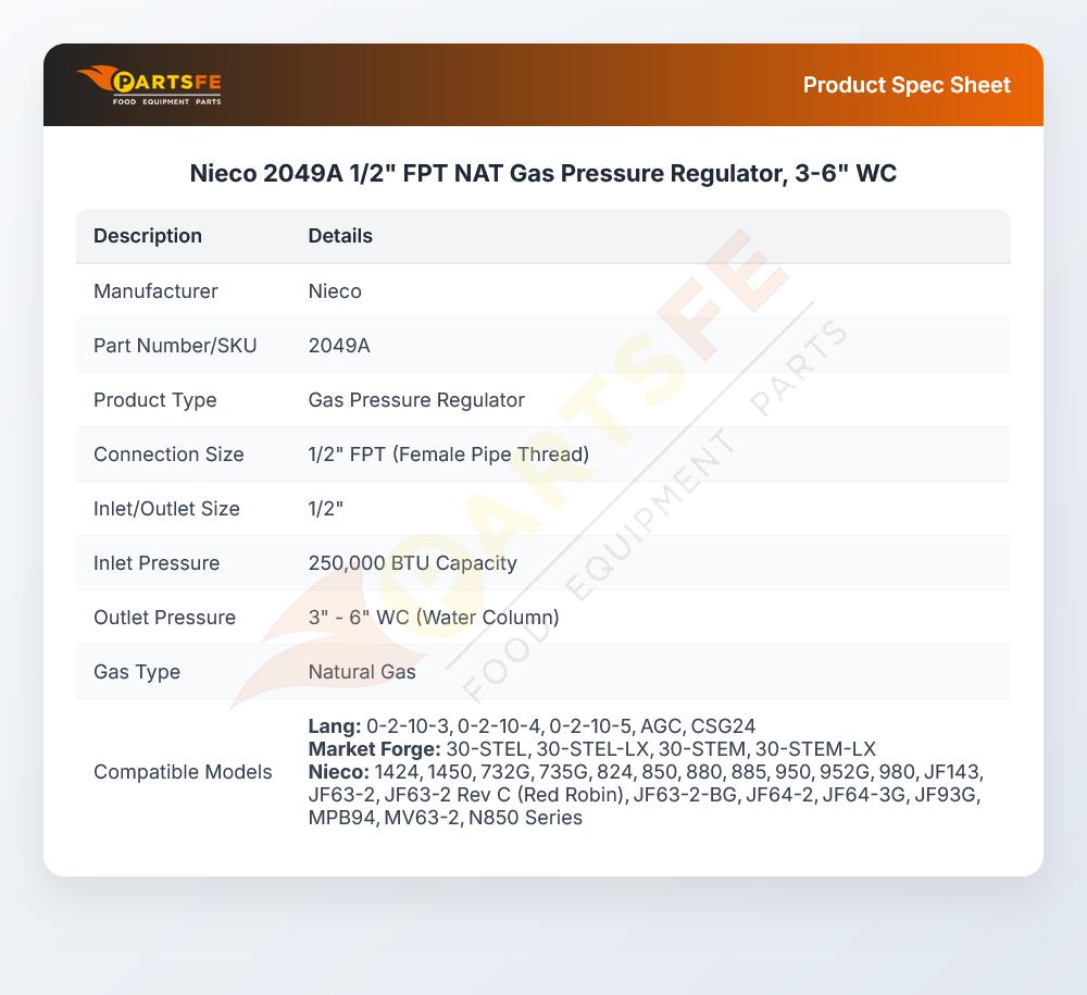 Nieco 2049A 1/2" FPT NAT Gas Pressure Regulator, 3-6" WC