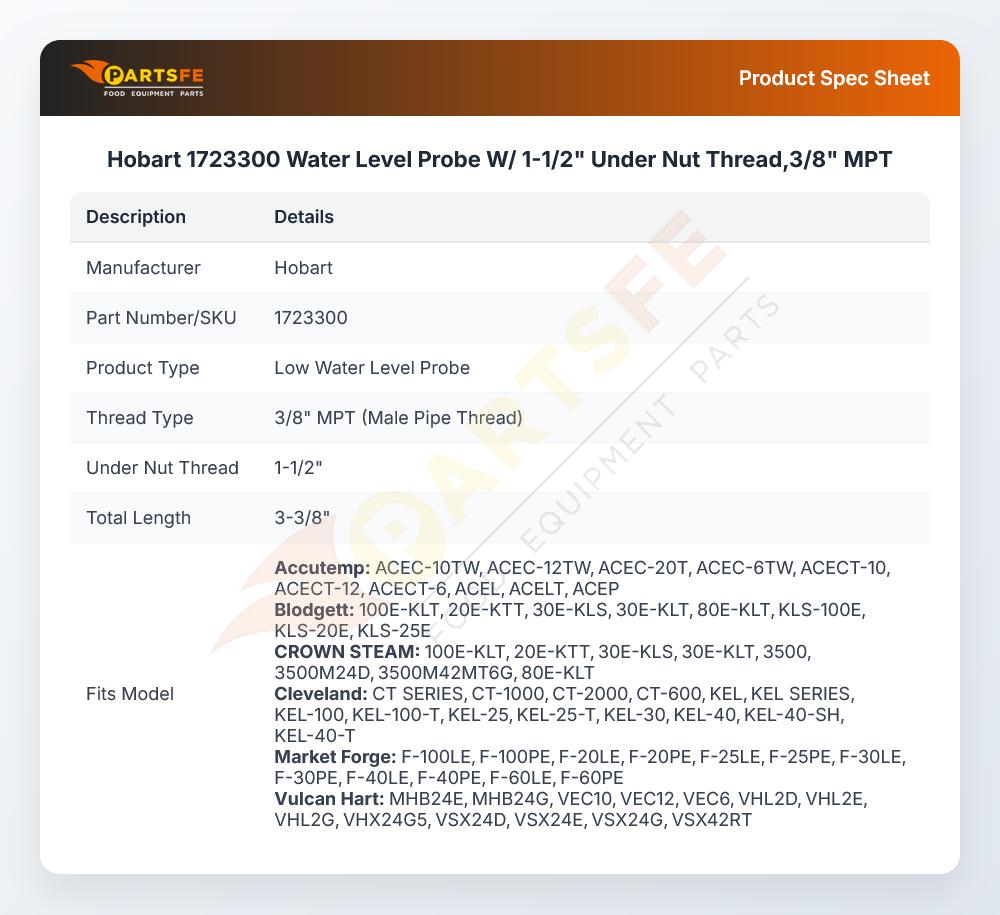 Hobart 1723300 Water Level Probe W/Under Nut Thread 1-1/2" 3/8" MPT