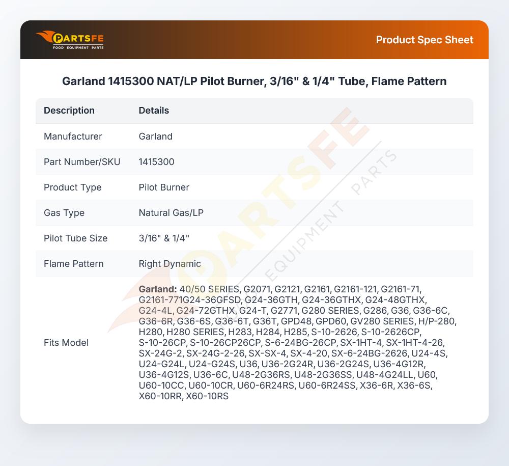Garland 1415300 Range Pilot Burner Natural Gas 2C-2
