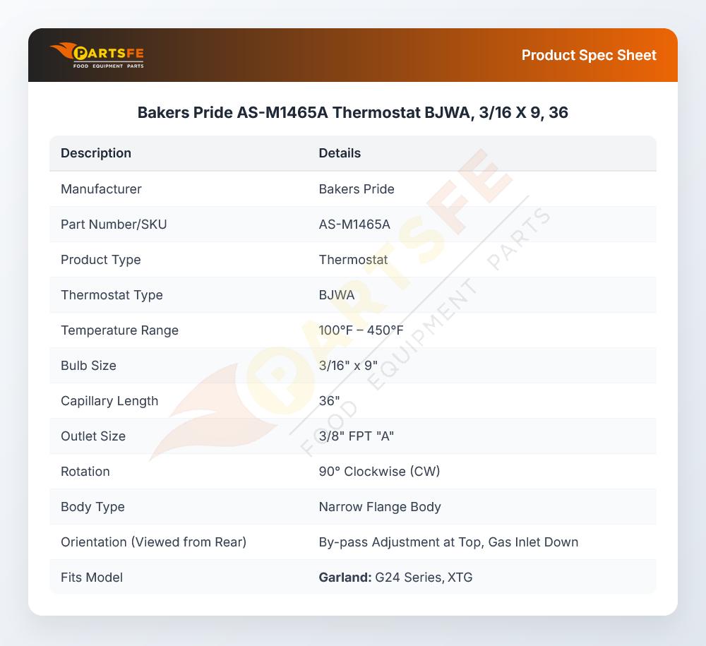 Bakers Pride AS-M1465A BJWA Thermostat 3/16" X 9" X 36" CAP 450&deg;F