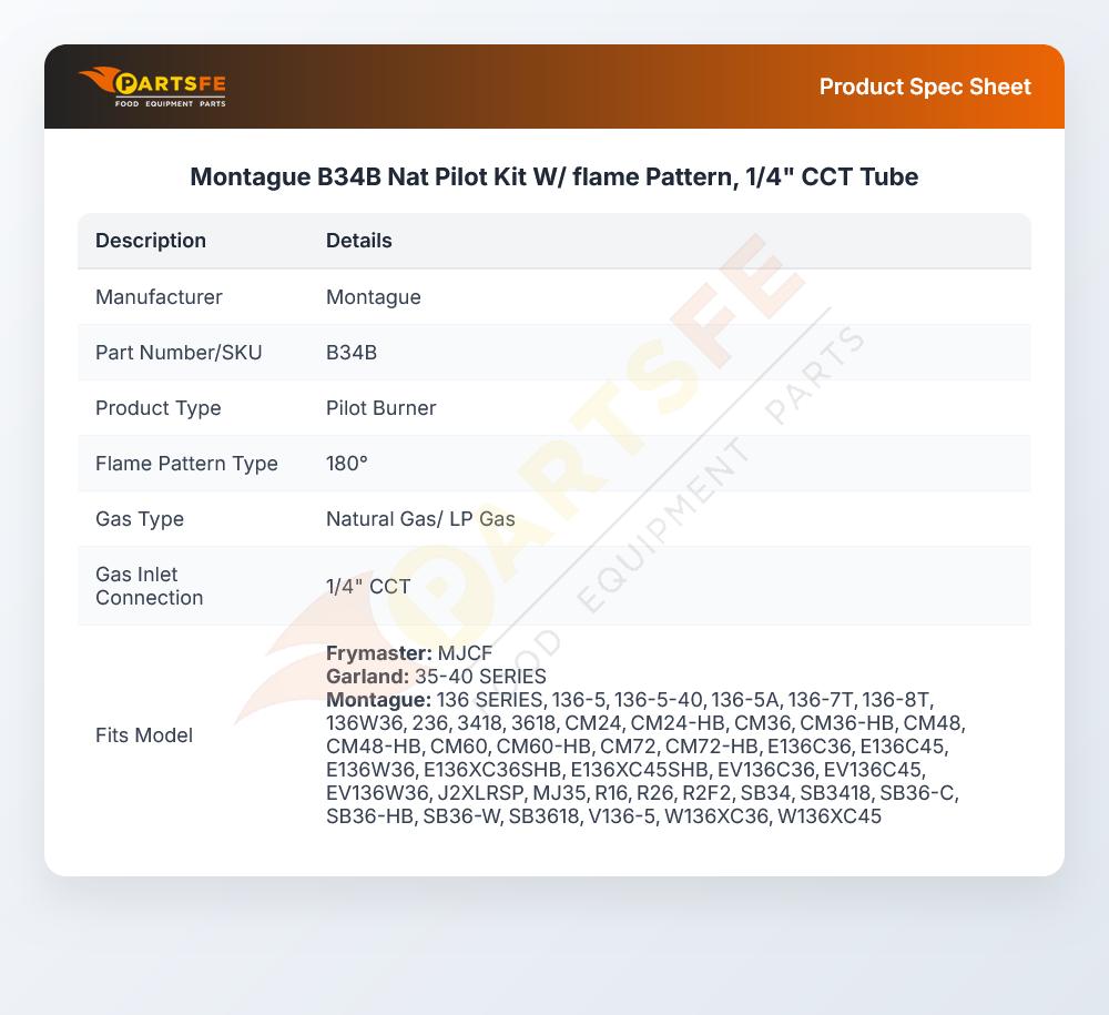 Montague B34B Nat Pilot Kit W/ flame Pattern, 1/4" CCT Tube