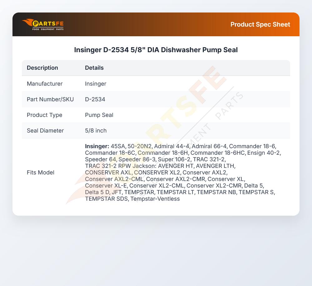 Insinger D-2534 5/8" DIA Dishwasher Pump Seal