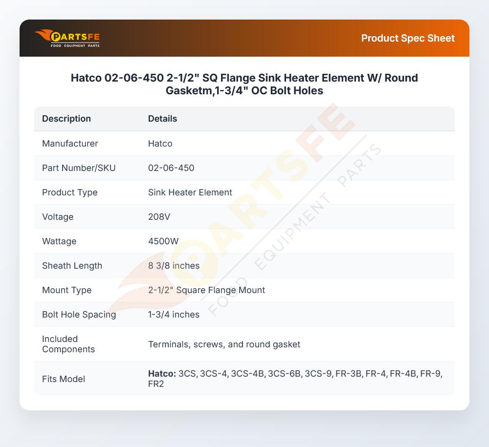 Hatco 02-06-450 2-1/2" SQ Flange Sink Heater Element W/ Round Gasketm,1-3/4" OC Bolt Holes