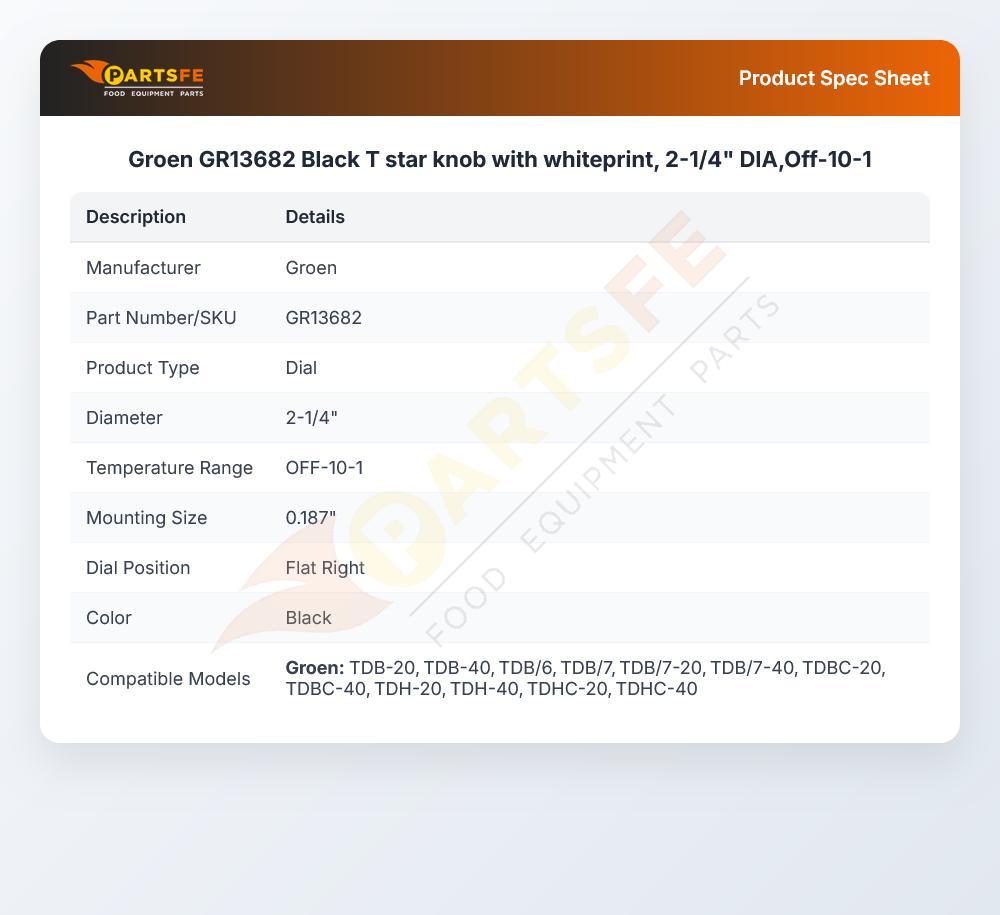 Groen GR13682 Black T star knob with whiteprint, 2-1/4" DIA,Off-10-1