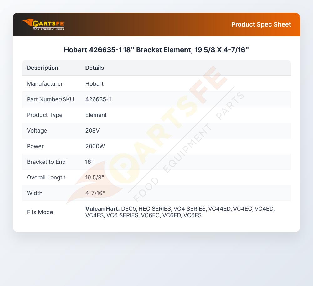 Hobart 426635-1 18" Bracket Element, 19 5/8 X 4-7/16"