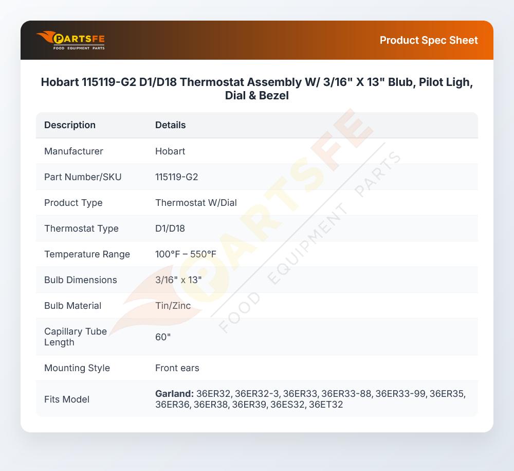 Hobart 115119-G2 Thermostat Assembly W/Dial D1/D18 3/16" X 13" Bulb 60" CAP