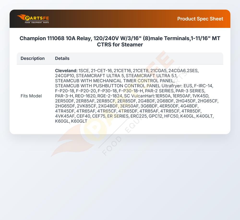 Champion 111068 10A Relay, 120/240V W/3/16" (8)male Terminals,1-11/16" MT CTRS for Steamer