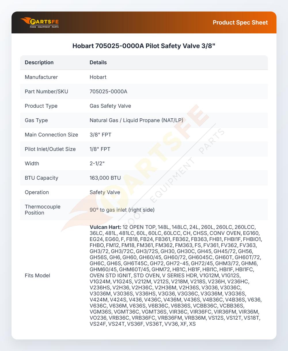 Hobart 705025-0000A Pilot Safety Valve 3/8"