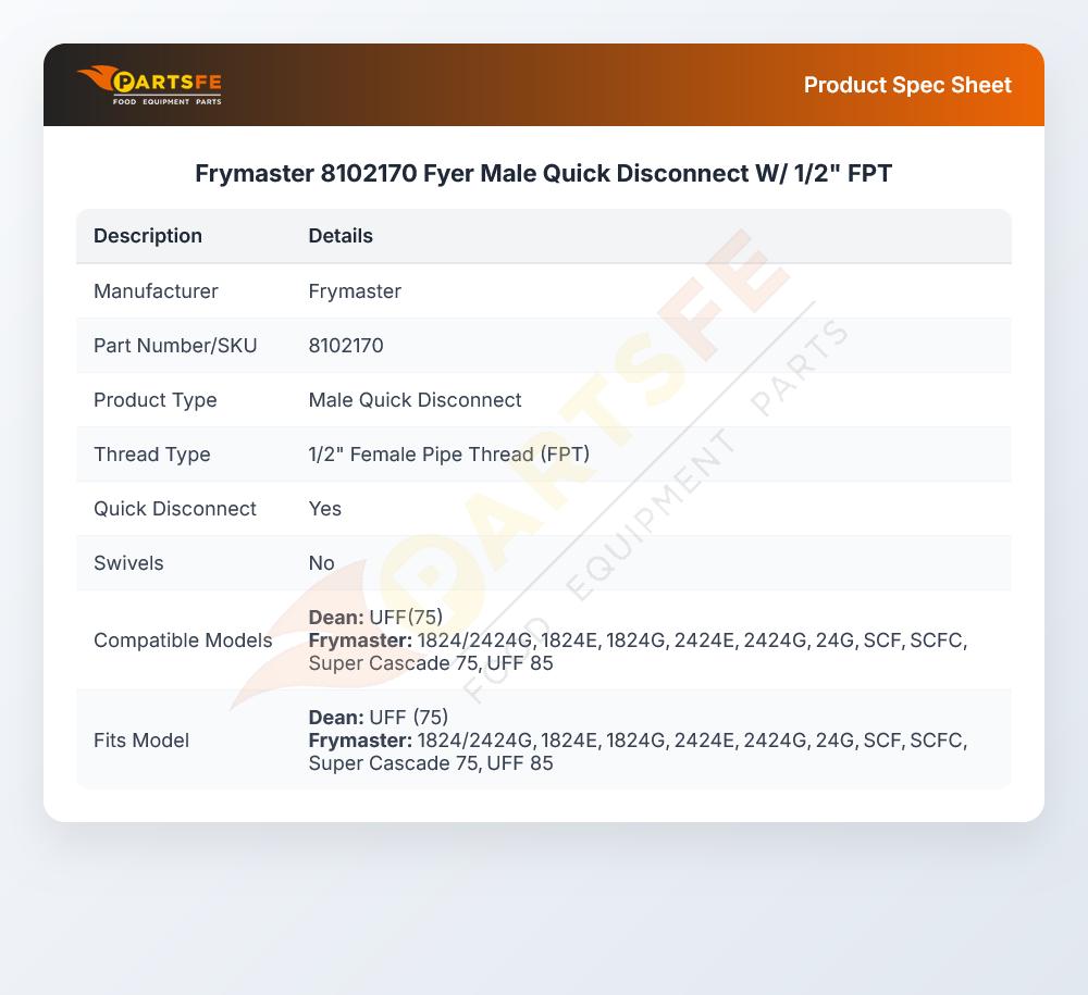Frymaster 8102170 Fyer Male Quick Disconnect W/ 1/2" FPT