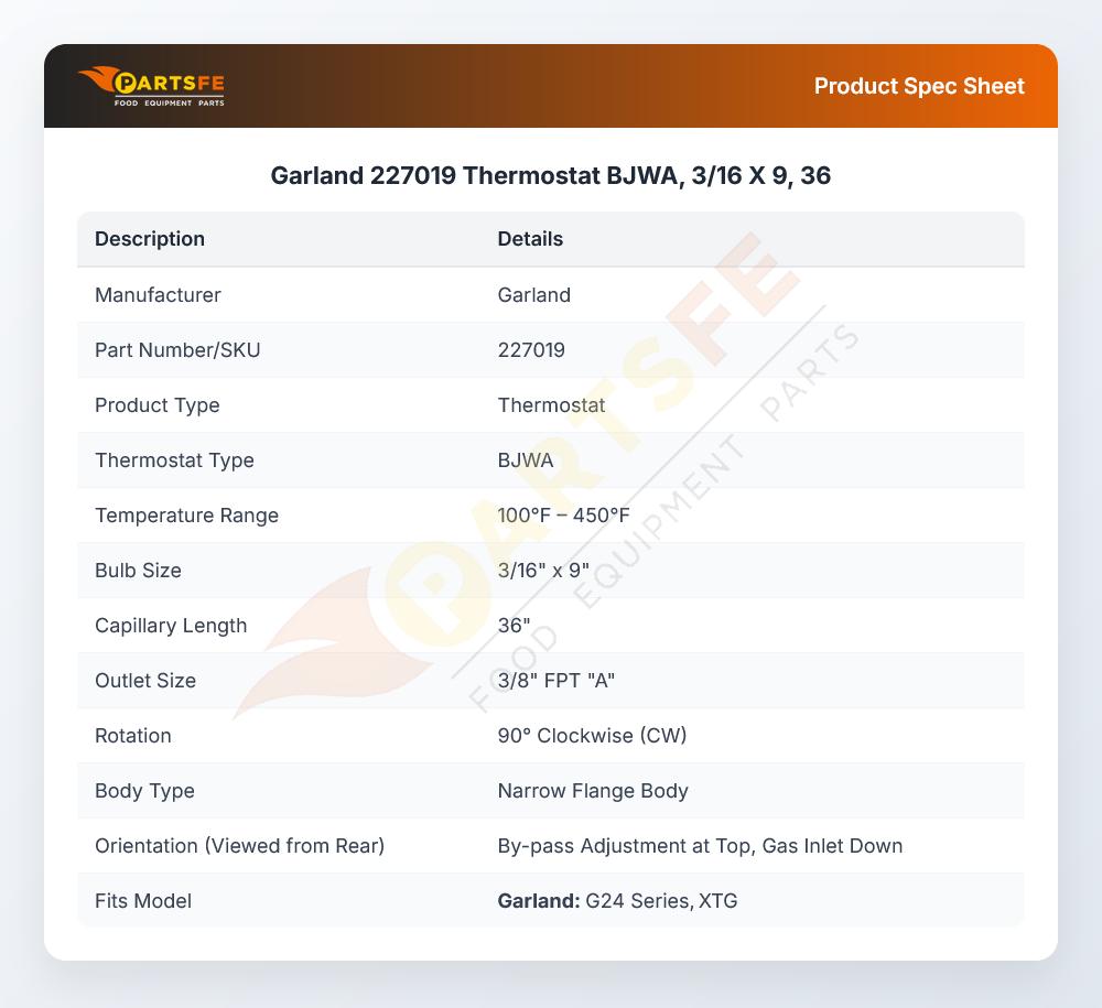 Garland 227019 BJWA Thermostat 3/16" X 9" X 36" CAP
