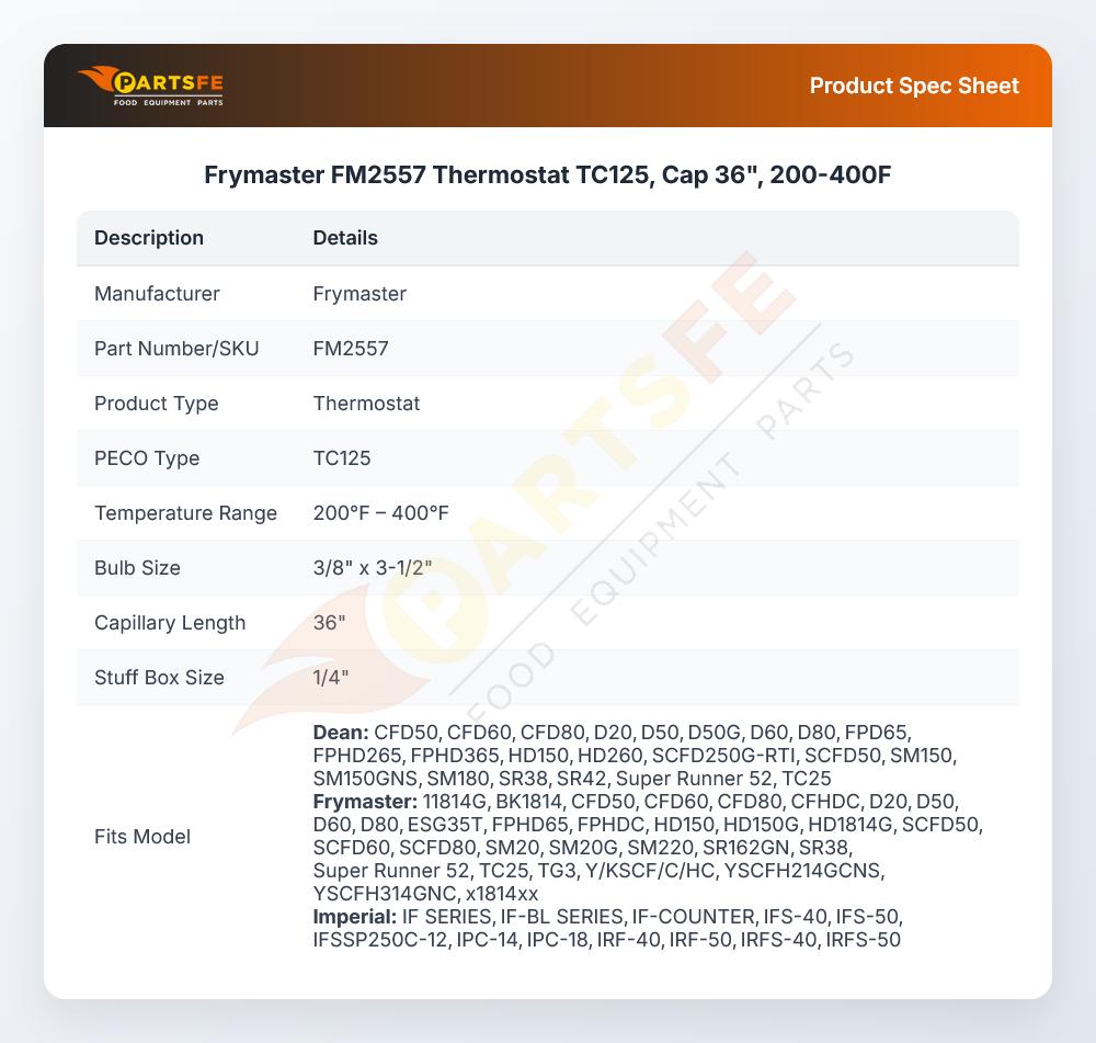Frymaster FM2557 Thermostat TC125, Cap 36", 200-400F