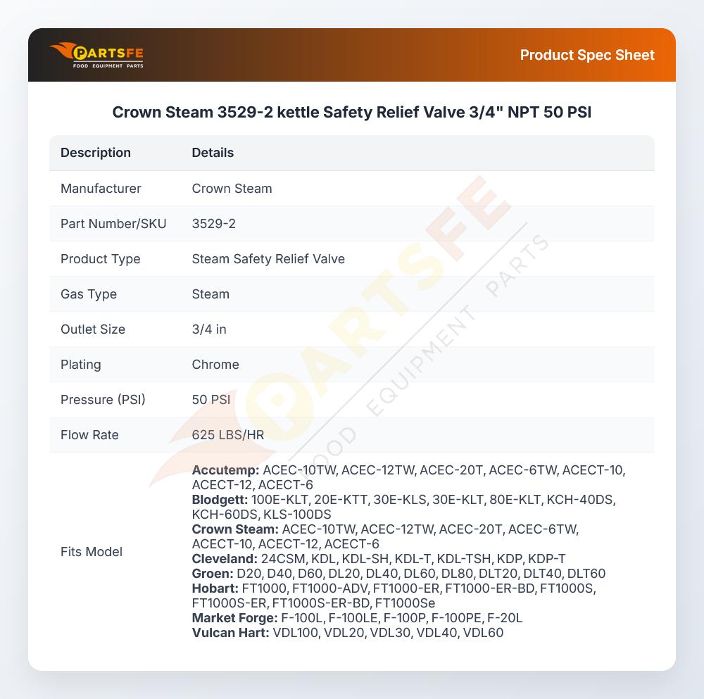 Crown Steam 3529-2 kettle Safety Relief Valve 3/4" NPT 50 PSI