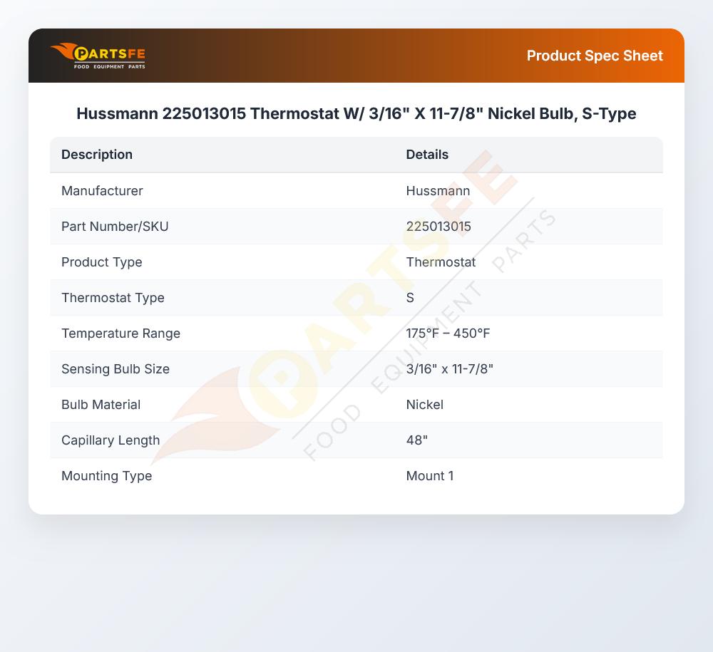 Hussmann 225013015 Thermostat W/ 3/16" X 11-7/8" Nickel Bulb, S-Type