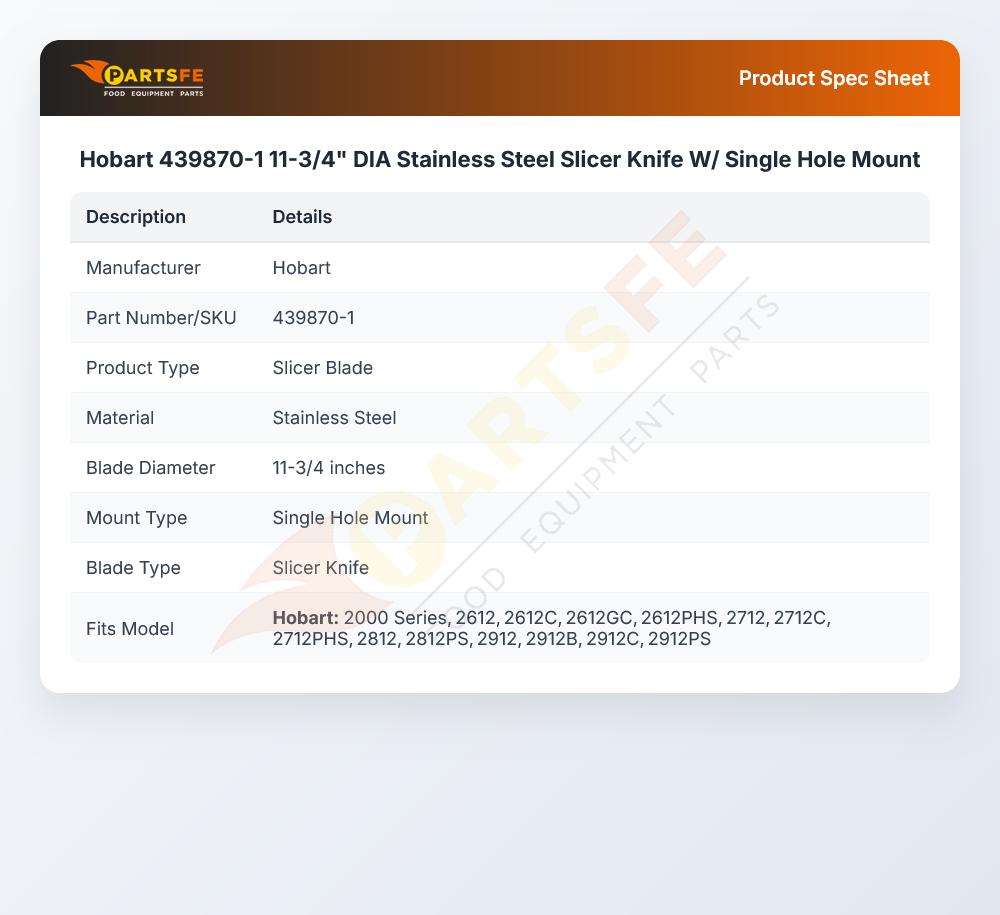Hobart 439870-1 Knife W/Single Hole Mount 11-3/4" DIA S/S