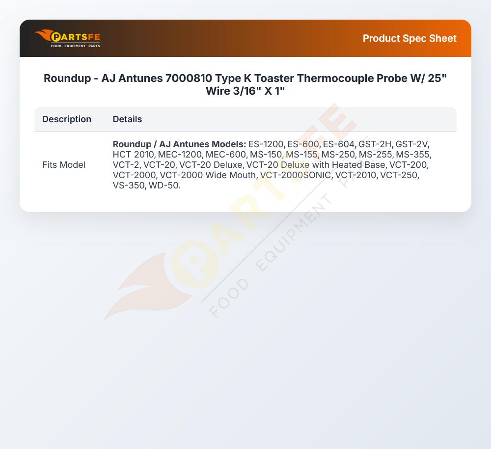 Roundup - AJ Antunes 7000810 Type K Toaster Thermocouple Probe W/ 25" Wire 3/16" X 1"