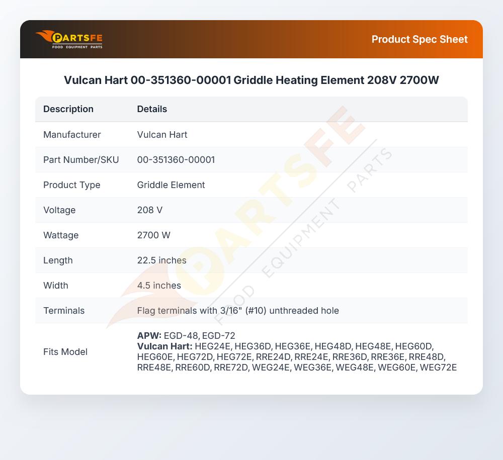 Vulcan Hart 00-351360-00001 Griddle Heating Element 208V 2700W