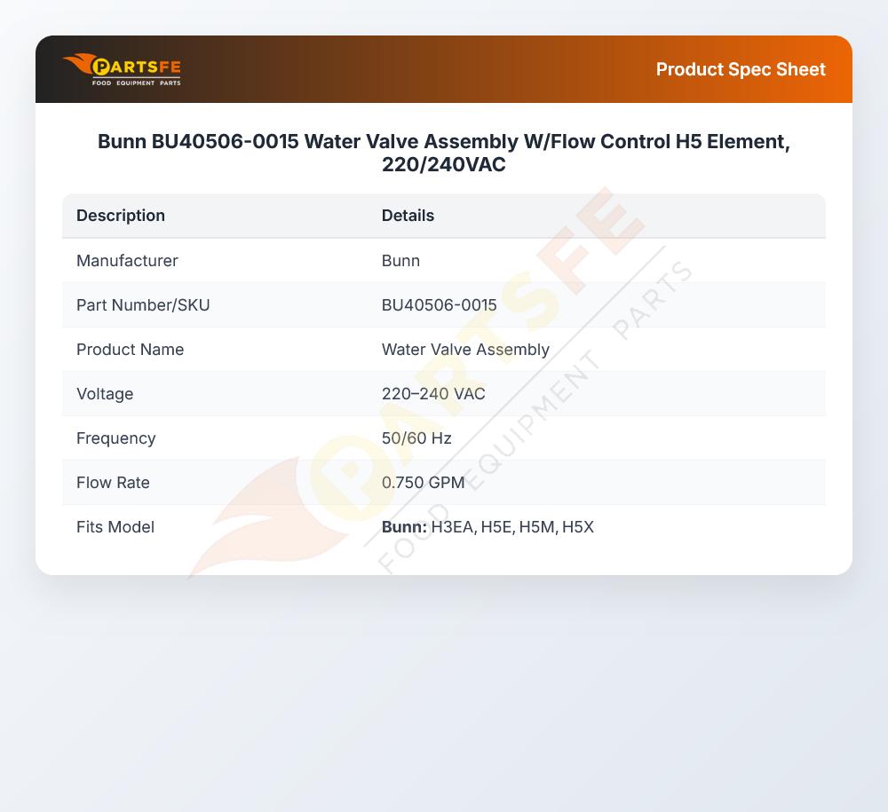 Bunn BU40506-0015 Water Valve Assembly W/Flow Control H5 Element, 220/240VAC