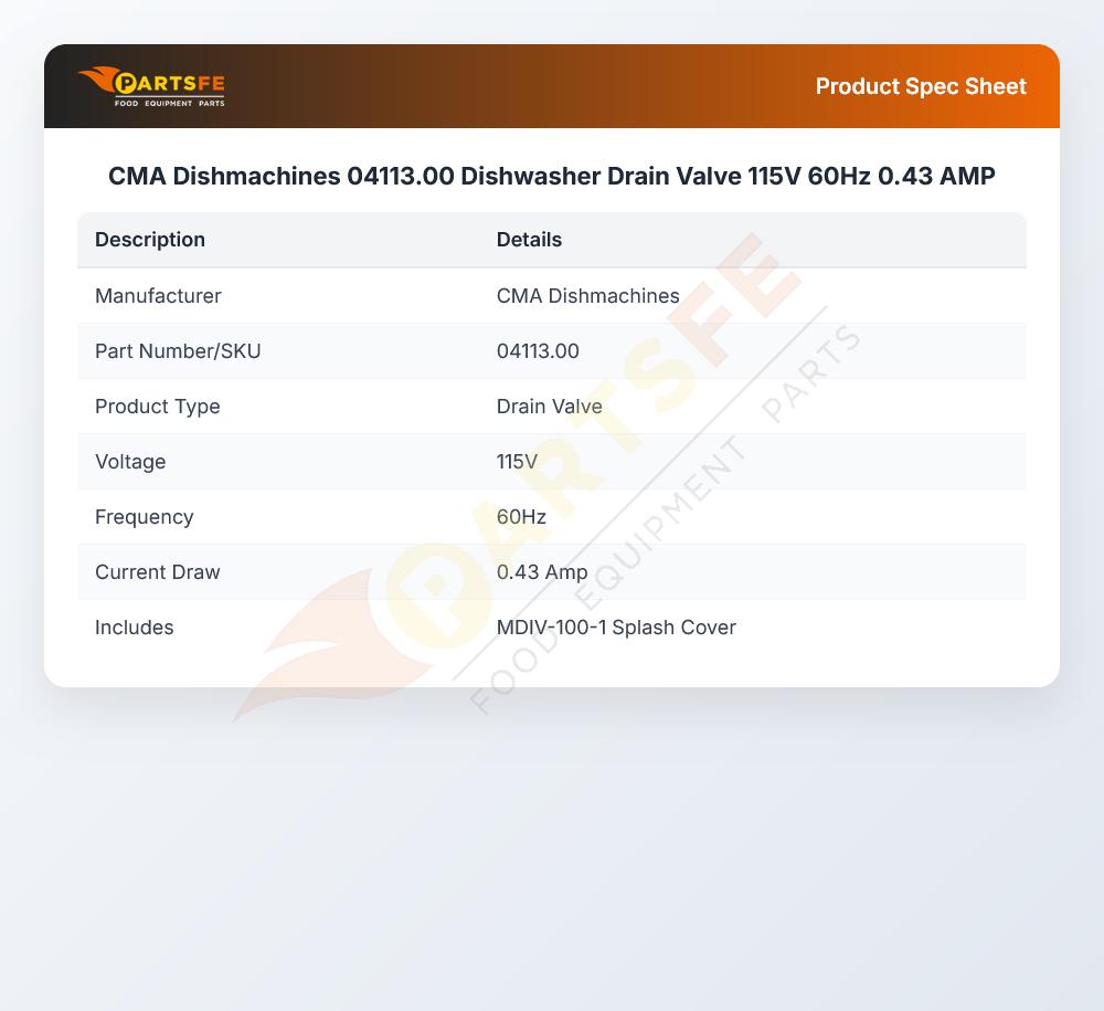 CMA Dishmachines 04113.00 Dish Machine Drain Valve 120V