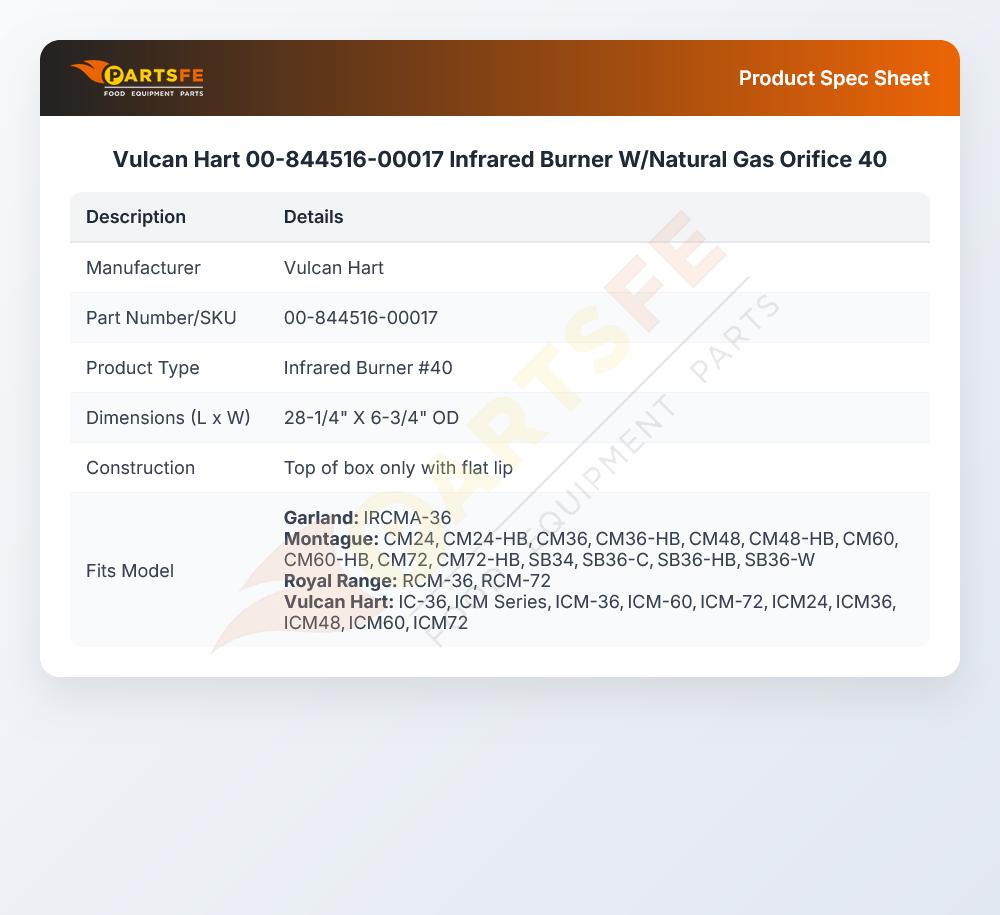 Vulcan Hart 00-844516-00017 Cheesemelter Infrared Burner 27" 30,000 BTU