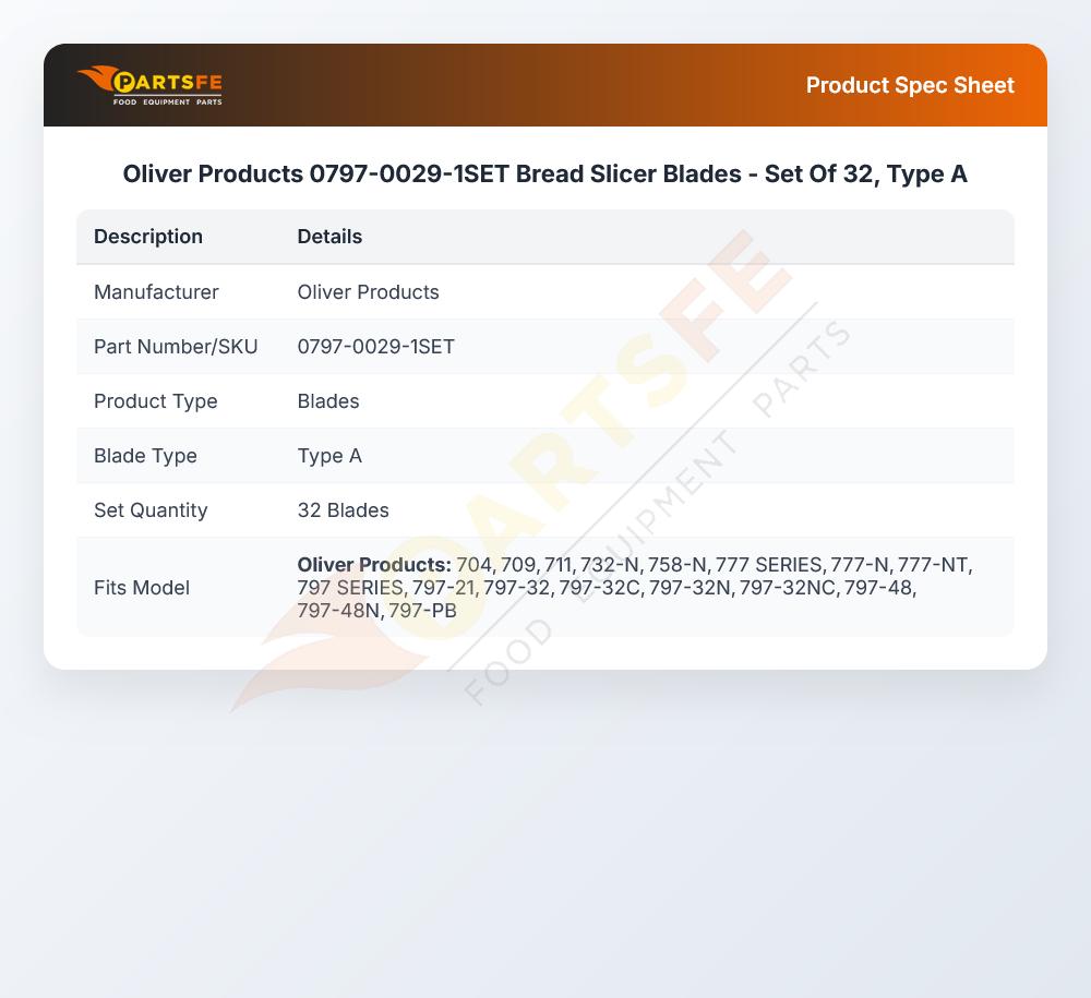 Oliver Products 0797-0029-1SET Bread Slicer Blades Set of 32 Type A