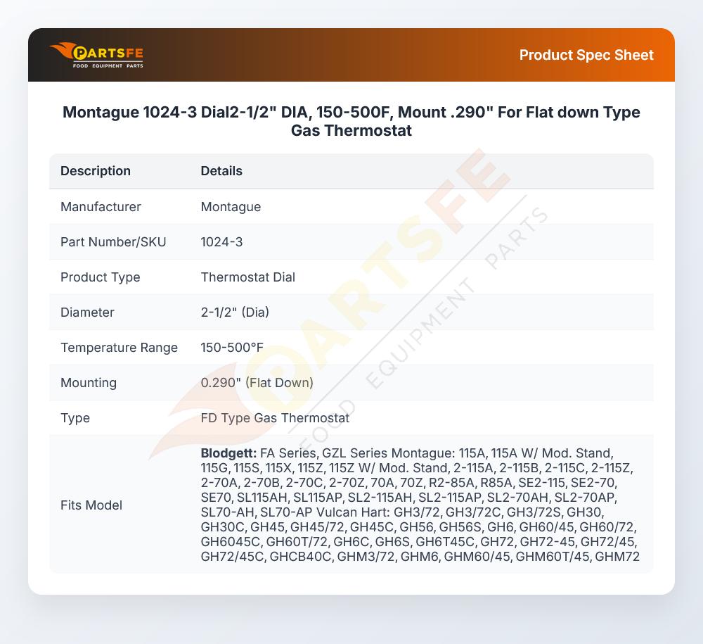 Montague 1024-3 Dial2-1/2" DIA, 150-500F, Mount .290" For Flat down Type Gas Thermostat