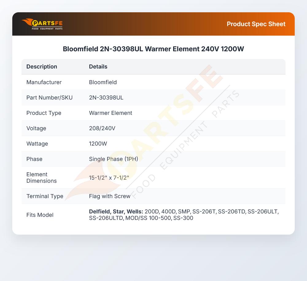 Bloomfield 2N-30398UL Warmer Element 240V 1200W