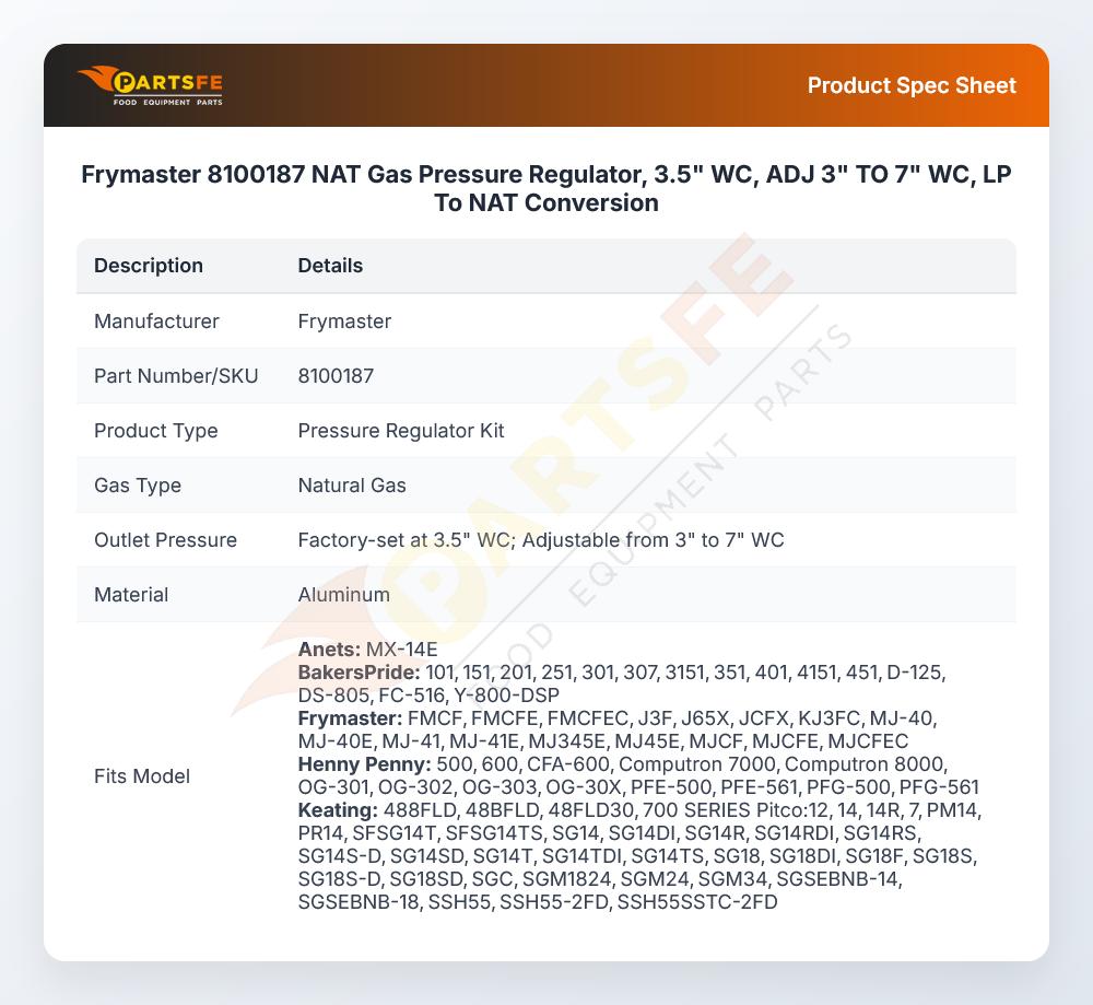 Frymaster 8100187 NAT Gas Pressure Regulator, 3.5" WC, ADJ 3" TO 7" WC,  LP To NAT Conversion