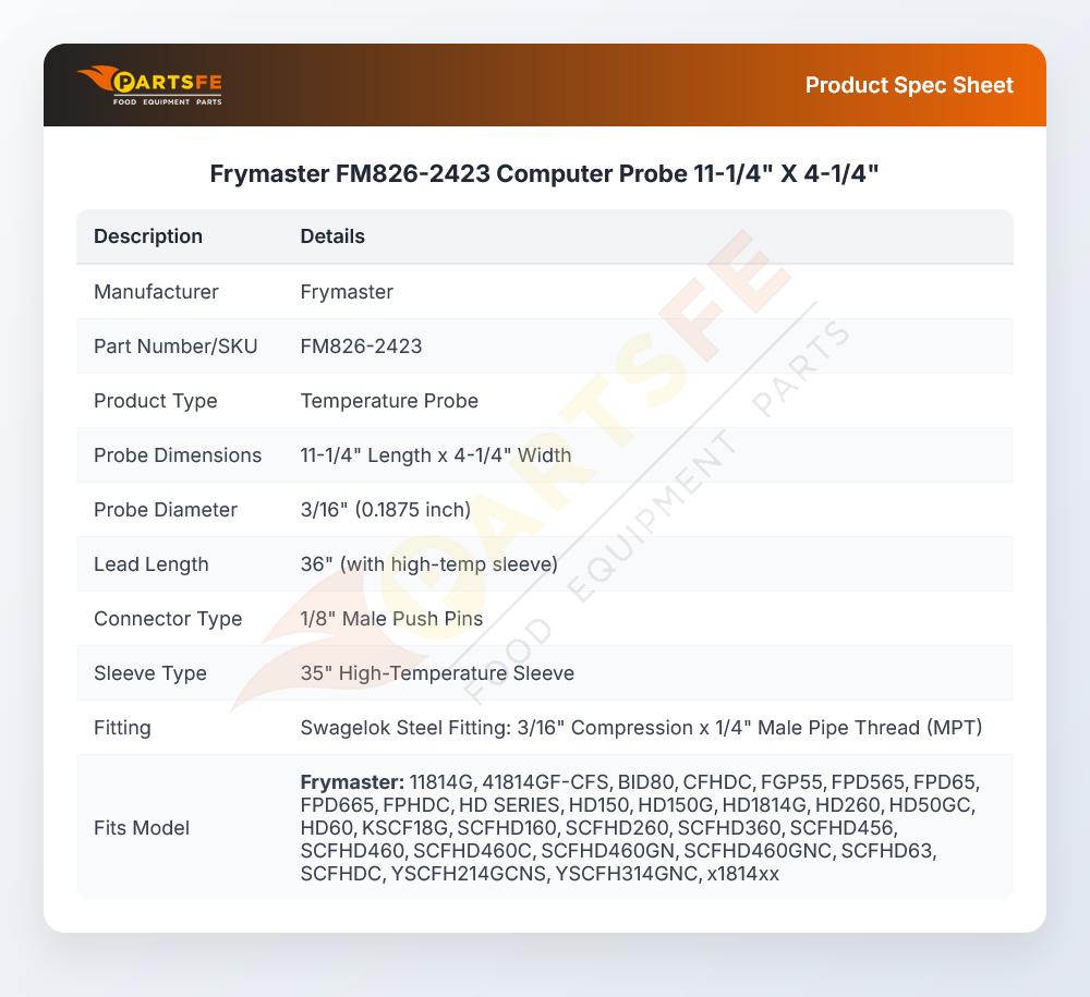 Frymaster FM826-2423 Fryer Computer Probe 11-1/4" X 4-1/4" 3/16" DIA 36" Leads W/1/8" Male Push Pin 35" HI-Temp Sleeve