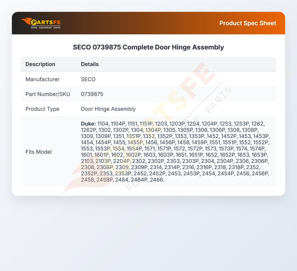 SECO 0739875 Door Hinge Assembly