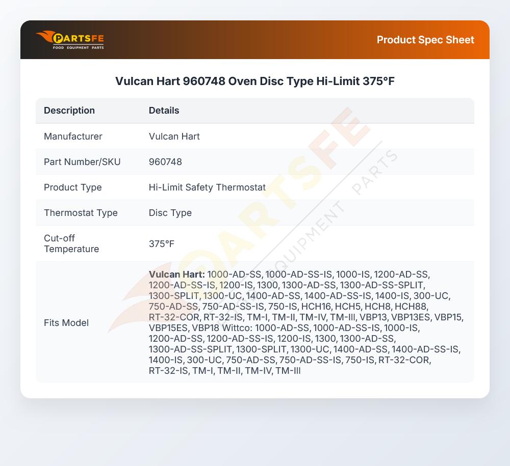 Vulcan Hart 960748 Oven Disc Type Hi-Limit 375&deg;F