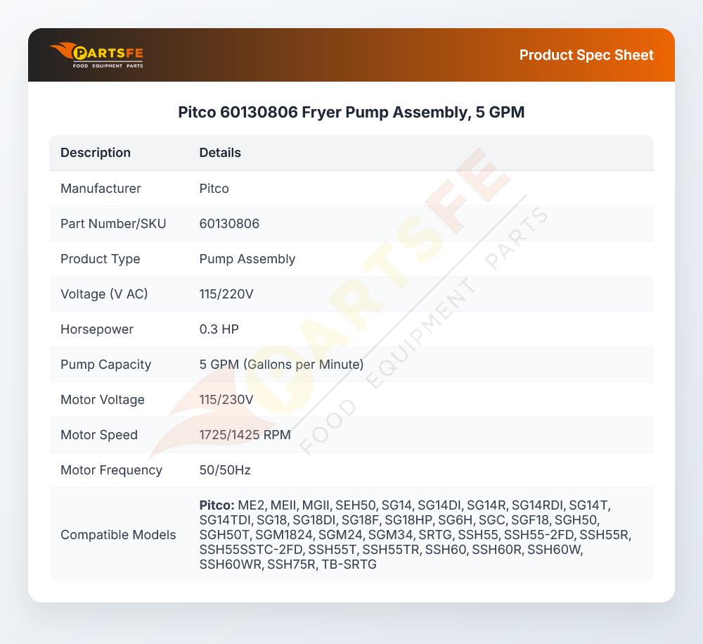 Pitco 60130806 Fryer Pump and Motor Assembly 5 GPM 1/3HP 115/220V