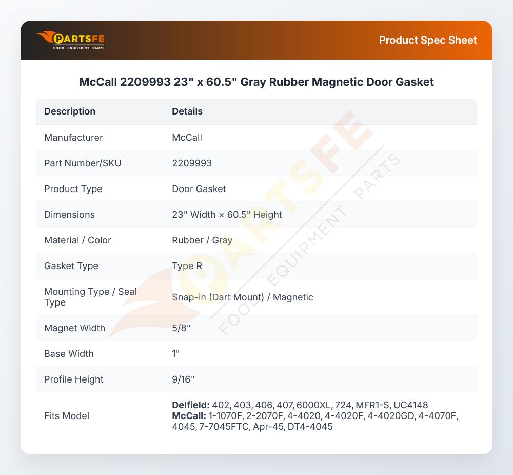 McCall 2209993 23" x 60.5" Gray Rubber Magnetic Door Gasket