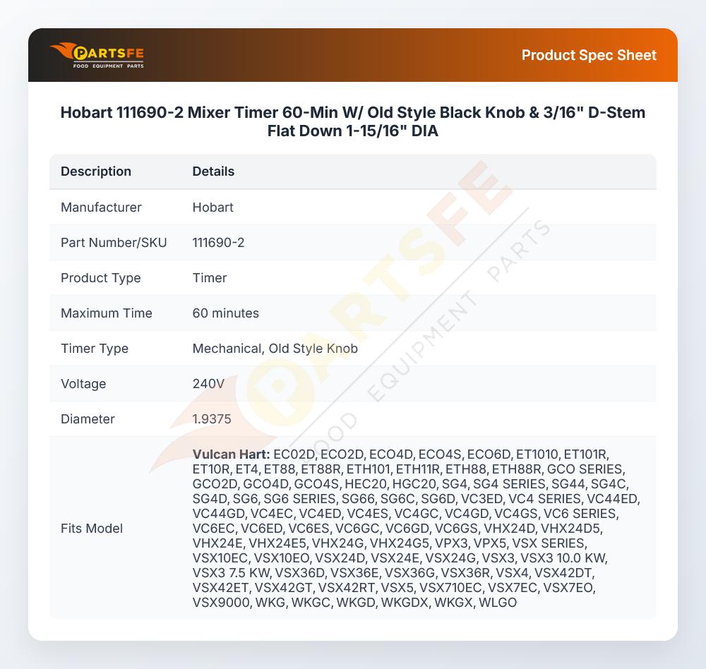 Hobart 111690-2 Mixer Timer 60-Min W/ Old Style Black Knob & 3/16" D-Stem Flat Down 1-15/16" DIA