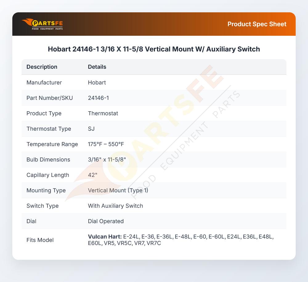 Hobart 24146-1 SJ Thermostat 175-550&deg;F 3/16" X 11-5/8" 42" CAP