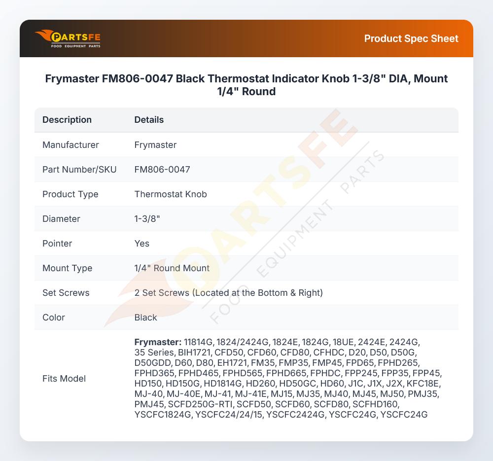 Frymaster FM806-0047 Black Thermostat Indicator Knob 1-3/8" DIA, Mount 1/4" Round