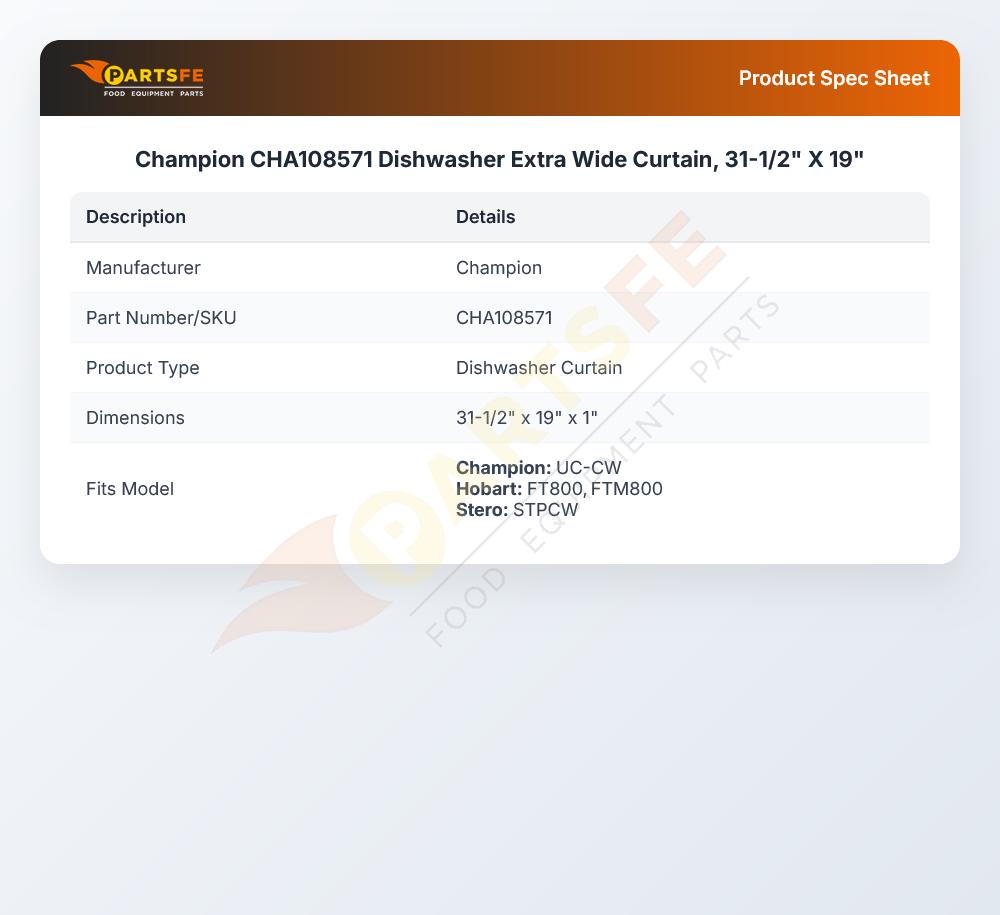 Champion CHA108571 Dishwasher Extra Wide Curtain, 31-1/2" X 19"