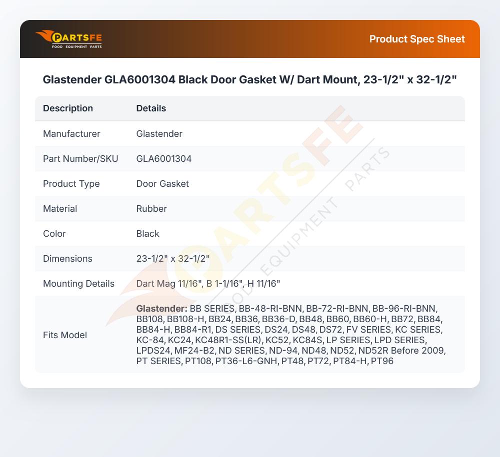 Glastender GLA6001304 Black Door Gasket W/ Dart Mount, 23-1/2" x 32-1/2"