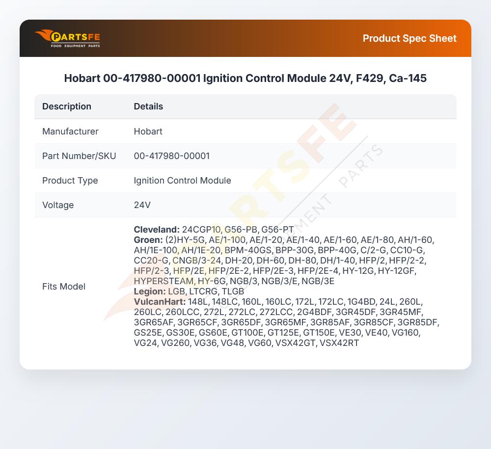 Hobart 00-417980-00001 Fryer Ignition Control Module 24V F429 CA-145