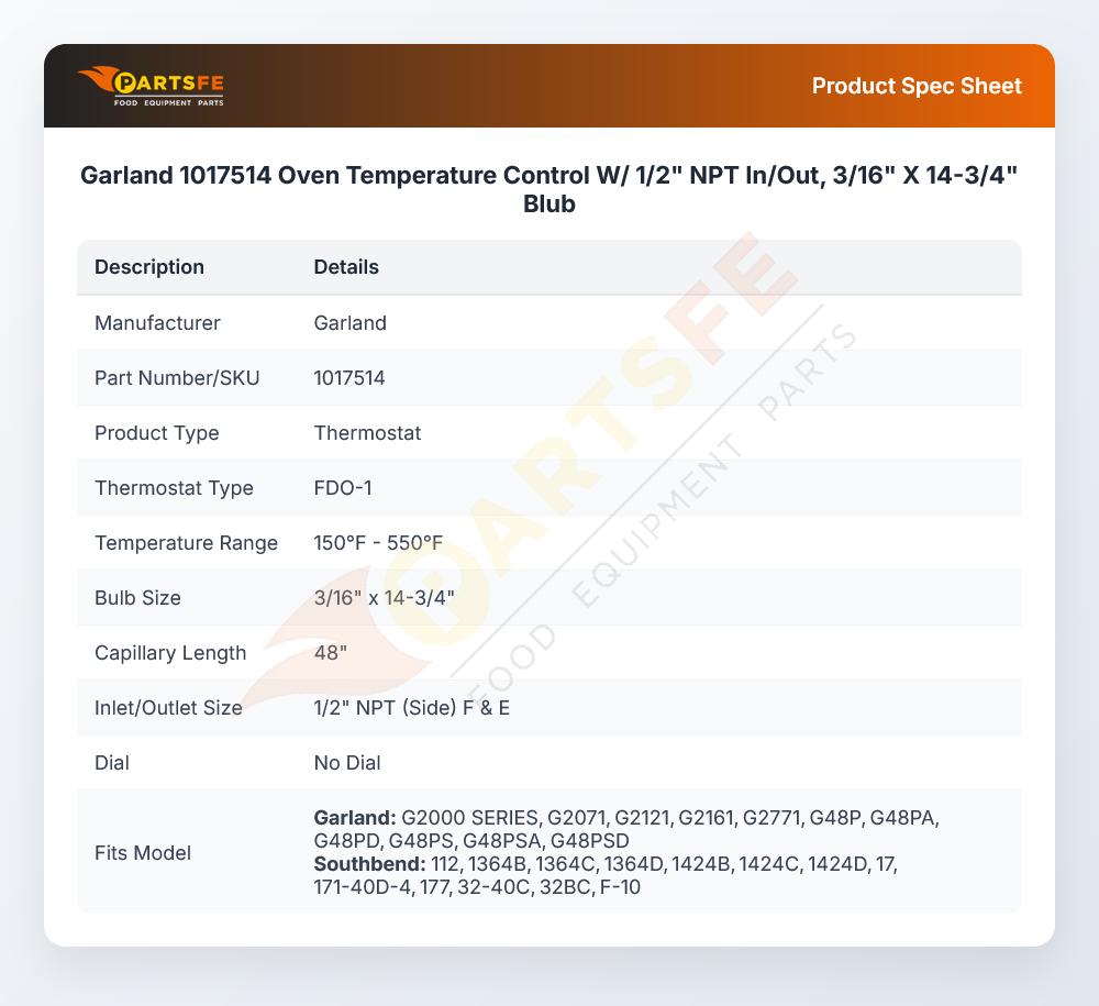 Garland 1017514 Oven Thermostat 1/2" NPT 150&deg;F- 550&deg;F FDO-1