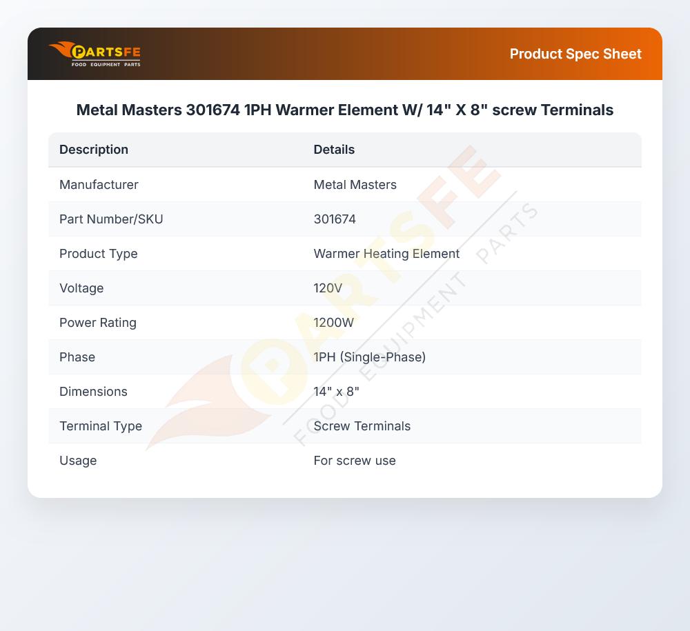 Metal Masters 301674 1PH Warmer Element W/ 14" X 8" screw Terminals